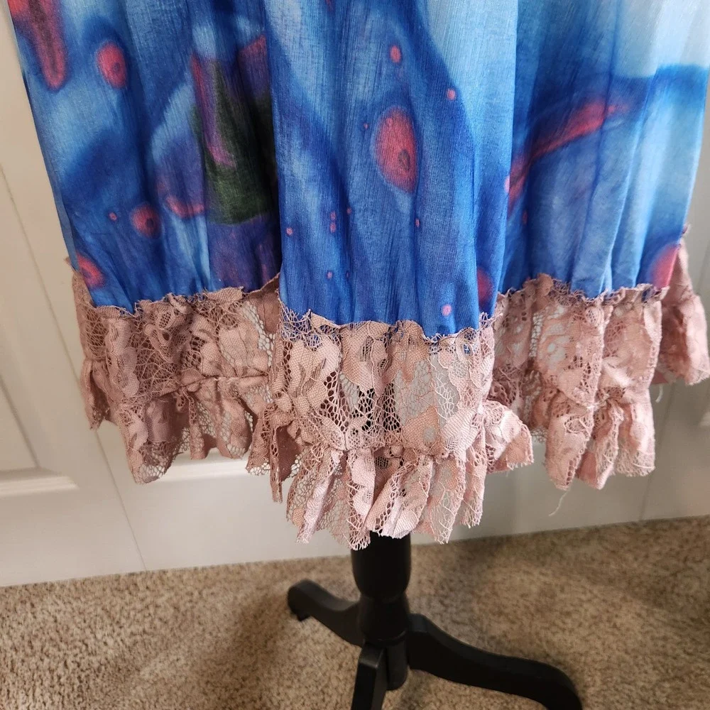 Simply Aster by Firmiana Blue Floral Lace Trim Boho Tunic Top Short Dress Medium - Picture 4 of 13